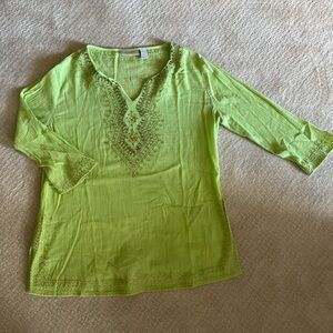 Chico's Green Tunic with 3/4 Sleeves and Embroidered Neckline